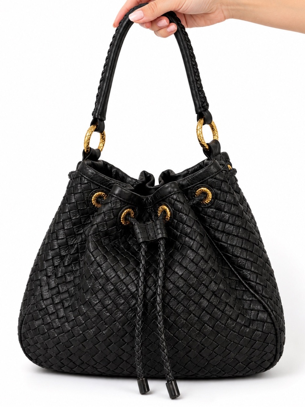 Antonio Melani Large Black Woven Genuine Leather Shoulder Bag Gold Hardware
